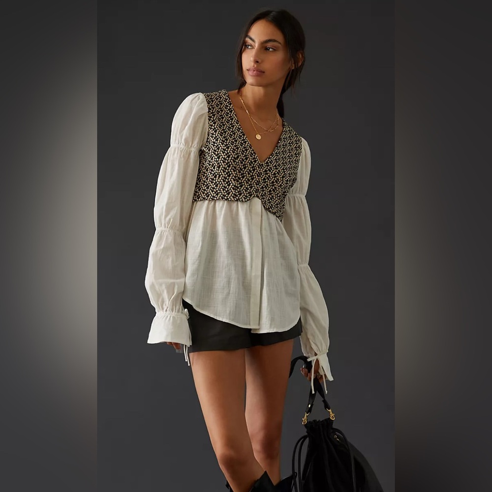 Anthropologie Asymmetrical Black and White Blouse with Bib Collar